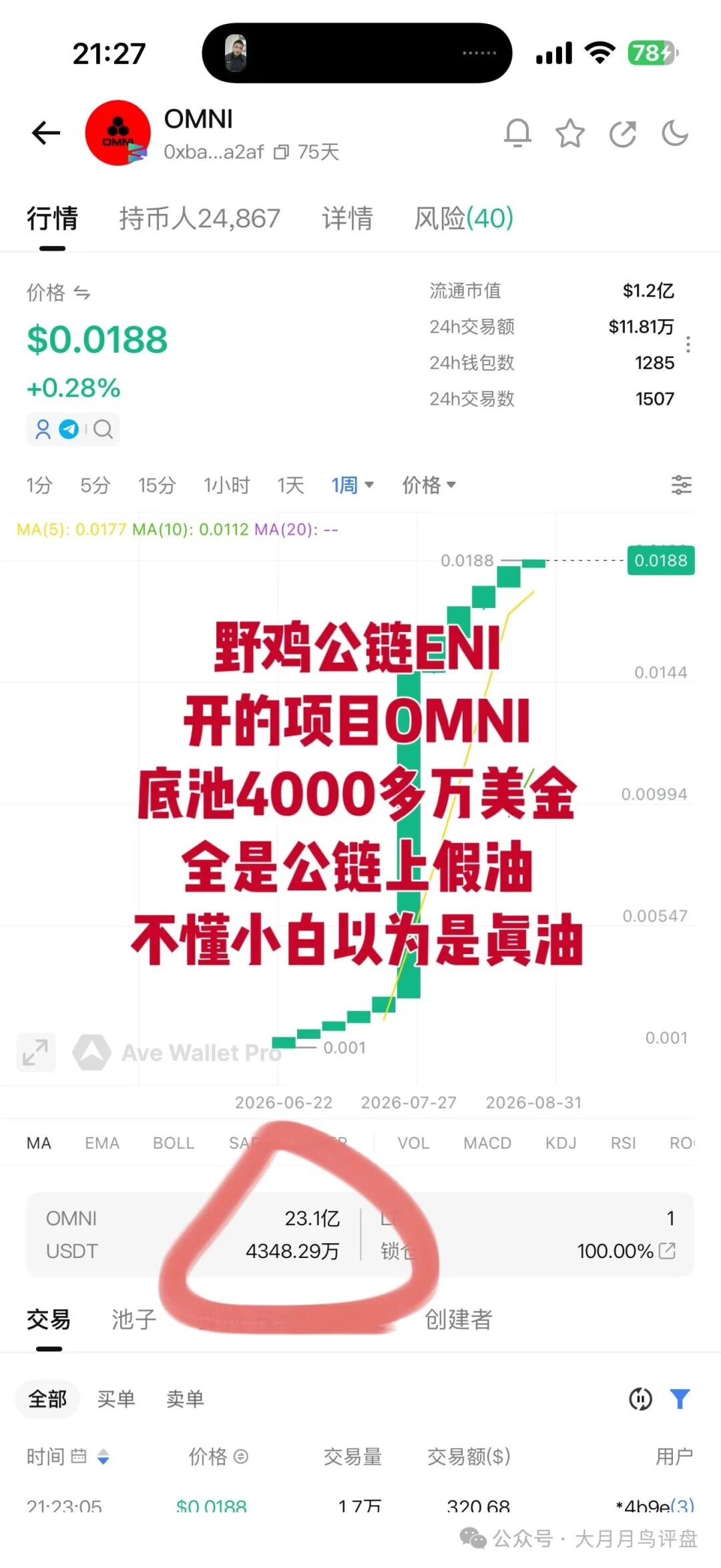 【ENI公链】开的项目OMNI限制提现，崩盘跑路。